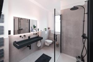 La salle de bains est pourvue d'un lavabo, de toilettes et d'une douche. dans l'établissement unique Cityresidenz nähe Münster - WE02, à Ulm