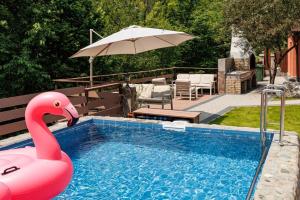 een roze flamingo in een zwembad met een parasol bij Pensiunea Tanita in Bran