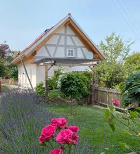 a small house with pink flowers in the yard at TinyLoft in Bad Teinach-Zavelstein