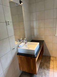 a bathroom with a sink and a mirror at Hydlahytta Stryn in Stryn