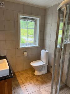 a bathroom with a toilet and a window at Hydlahytta Stryn in Stryn