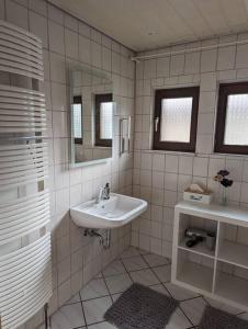 W łazience znajduje się umywalka i lustro. w obiekcie Heufelsen Ferienwohnung w mieście Hinterweidenthal