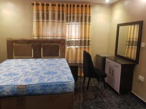 - une chambre avec un lit, un miroir et une chaise dans l'établissement 3JD Lavishly Furnished 1-Bed Apt, à Lagos