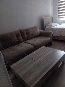 a living room with a brown couch and a coffee table at MEYDANDA 1+1 DAİRE in Trabzon
