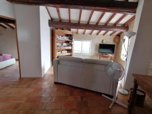 a living room with a couch and a television at Chambre d'hôte in Crillon-le-Brave