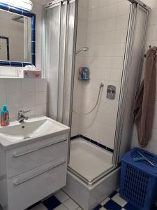 een badkamer met een douche en een wastafel bij Privates Apartment mit Bad, Küche, Sofa & Balkon in Frankfurt am Main