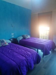 2 camas en una habitación azul con sábanas moradas en ALBERGUE peregrinos CASAFLOR, en Murias de Rechivaldo