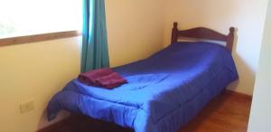a bedroom with a bed with blue sheets and a window at El Maiten Bariloche in San Carlos de Bariloche