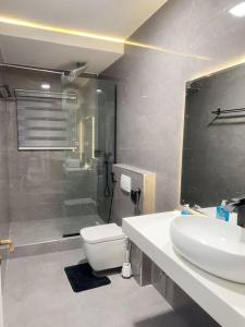 a bathroom with a toilet and a sink and a shower at Brand New Exclusive Condo with Pool and Gym in Port Harcourt