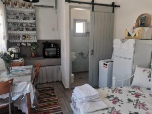 a kitchen with a table and a refrigerator in a room at Pandaisia Φούρνοι Κορσεων in Fournoi