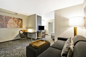 聖安東尼奧的住宿－SpringHill Suites by Marriott San Antonio Medical Center/Northwest，一间客厅,客厅配有沙发和一张书桌,位于酒店的房间