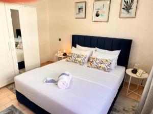拉巴特的住宿－Appartement Cosy quartier chic de Rabat，卧室内的一张带两个枕头的床