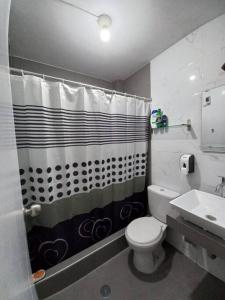 a bathroom with a shower curtain and a toilet and a sink at Casa Herrera in Ica