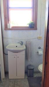 La salle de bains est pourvue d'un lavabo, de toilettes et d'une fenêtre. dans l'établissement Viesu māja Kolnā pie Adamovas ezera., 