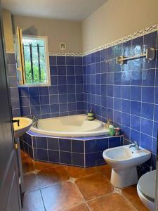 a blue tiled bathroom with a tub and a toilet at Rez de jardin de villa avec terrain et piscine in Grasse