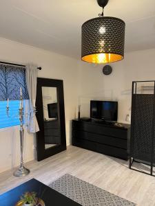 uma sala de estar com televisão e espelho em Fresh And Cozy Little House 45km In Täby em Estocolmo
