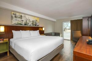 a bedroom with a large white bed and a desk at Comfort Inn Kenora in Kenora