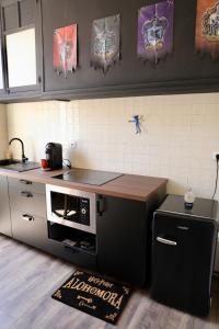 - une cuisine avec un comptoir et une cuisinière four supérieur dans l'établissement Harry Potter expérience, à Marseille