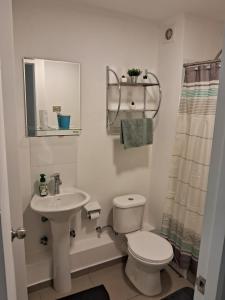 Baño blanco con aseo y lavamanos en Departamentos Pilmaiquen en Padre Las Casas