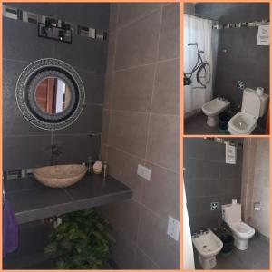 two pictures of a bathroom with a sink and a mirror at Casa de Campo en Salta in Salta