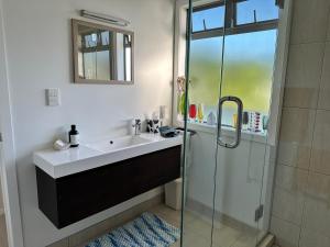 a bathroom with a sink and a glass shower at The SeaHouse in Kerikeri