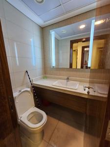 uma casa de banho com um WC, um lavatório e um espelho. em SKY 9 Hostel em Dubai