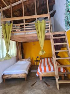 een slaapkamer met 2 stapelbedden en een ladder bij Finca Soley in Tucurrique