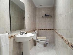 a bathroom with a sink and a toilet and a mirror at Calleja La Pimentera in Córdoba