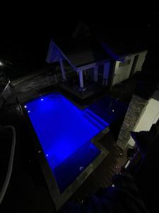 an overhead view of a blue swimming pool at night at Grande Villa in Panglao Island