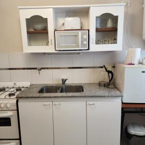 cocina blanca con fregadero y microondas en La constancia en La Plata