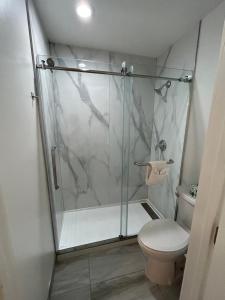 a bathroom with a shower and a toilet at Hillside Inn in Santa Rosa