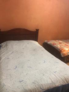 a bed in a room with a bedskirts at Pensión Malacatos in Loja