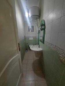 uma casa de banho verde e branca com um lavatório e um WC em كمبوند ابراج الخليج علي النيل no Cairo