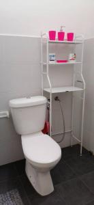 a bathroom with a white toilet with two shelves at DKAMAR Homestay At Desaru, IKEA Concept, Wifi, 3 Airconds, Nearby Desaru Beach in Bandar Penawar +46 photos