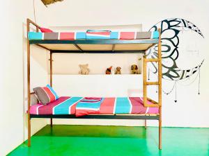 a bunk bed in a room with a green floor and a ladder at Reggae paradise hostel in Sigiriya