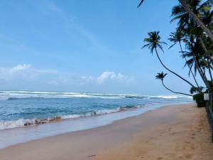 a beach with two palm trees and the ocean at Mandy House in Habaraduwa Central