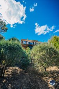 uma casa no topo de uma colina com árvores em Belle Villa au calme avec Superbe vue em Bagnols-sur-Cèze