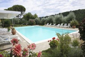 a swimming pool with white chairs at Country House Il Sambro in Bettona