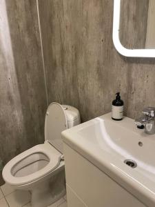 y baño con aseo blanco y lavamanos. en Leilighet i Odda sentrum en Odda