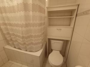 a bathroom with a toilet and a shower curtain at Cómoda casa con piscina in Arica +13 photos