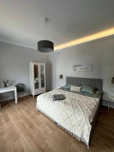 sypialnia z dużym łóżkiem i biurkiem w obiekcie Brama Krakowska - Old Town - Premium Apartment w mieście Lublin