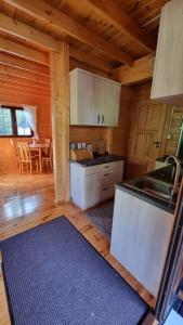 a kitchen in a log cabin with a table at Borowa Chatka in Borowy Młyn