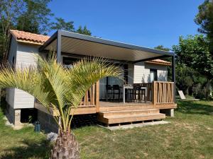 a house with a palm tree in front of it at Chalet à louer - 52m2 - Landes in Saint-Geours-de-Maremne