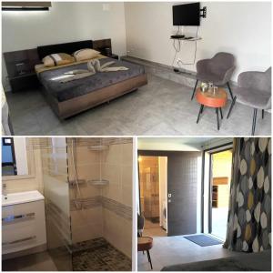 3 fotos de un dormitorio con cama y baño en Le P'tit Rubis, en Le Tampon