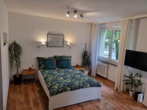ein Schlafzimmer mit einem Bett mit blauen Kissen und einem Fenster in der Unterkunft Apartament przy Stadionie Free Parking in Bolesławiec