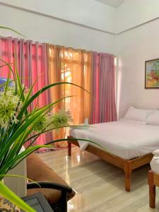 um quarto com uma cama e um vaso de plantas em Villa Royal Palawan em Narra