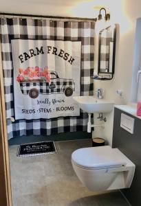 a bathroom with a black and white checkered shower curtain at Charming Chalet with mountain view near Arosa for 6 People house exclusive use in Langwies
