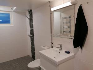 a bathroom with a sink and a toilet and a mirror at One bedroom apartment in central Savonlinna in Savonlinna