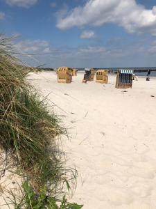 uma fila de cadeiras de praia sentadas numa praia arenosa em Ostsee Traum 