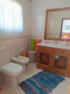 a bathroom with a toilet and a sink and a mirror at Casa da Nelita in São Martinho do Porto